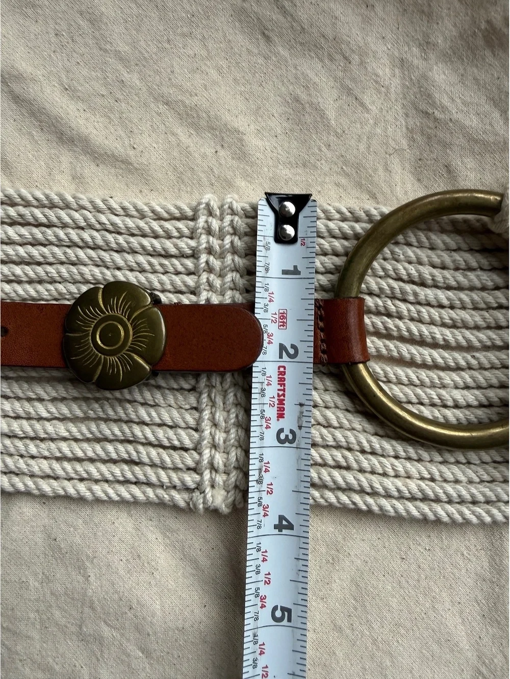 Wide Cream Rope Belt with Brass Rings and Brown Leather Strap